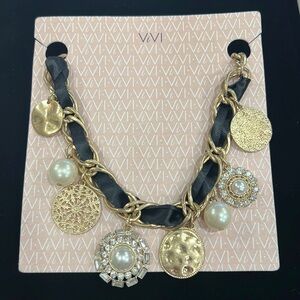Gold Tone Chain & Ribbon Charm Adjustable Statement Necklace by ViVi #82728
